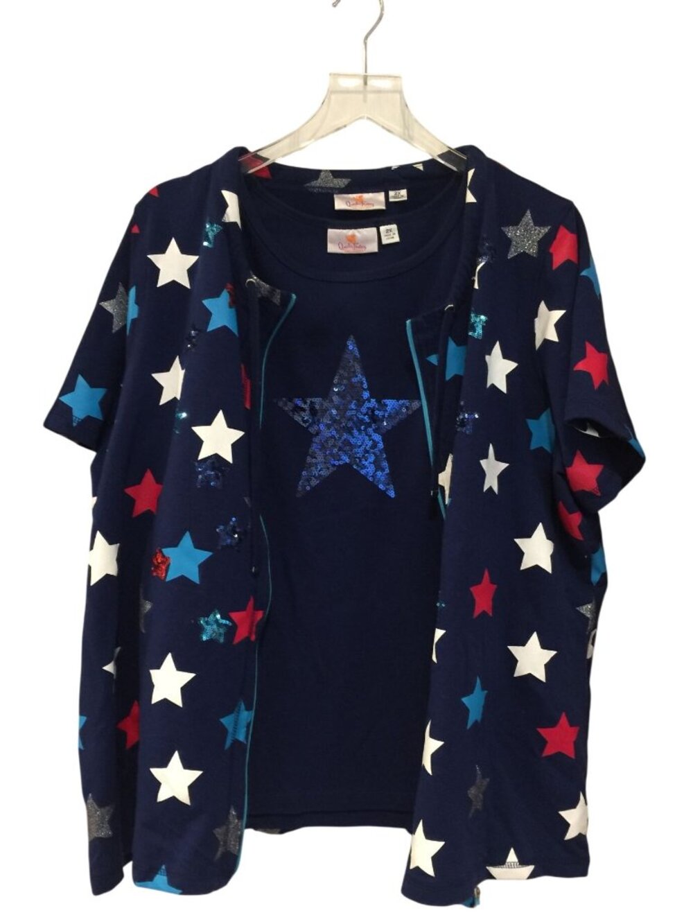 Quacker Factory Americana Ladies 2X 2 Piece Set Tank Short Sleeve Zip Jacket